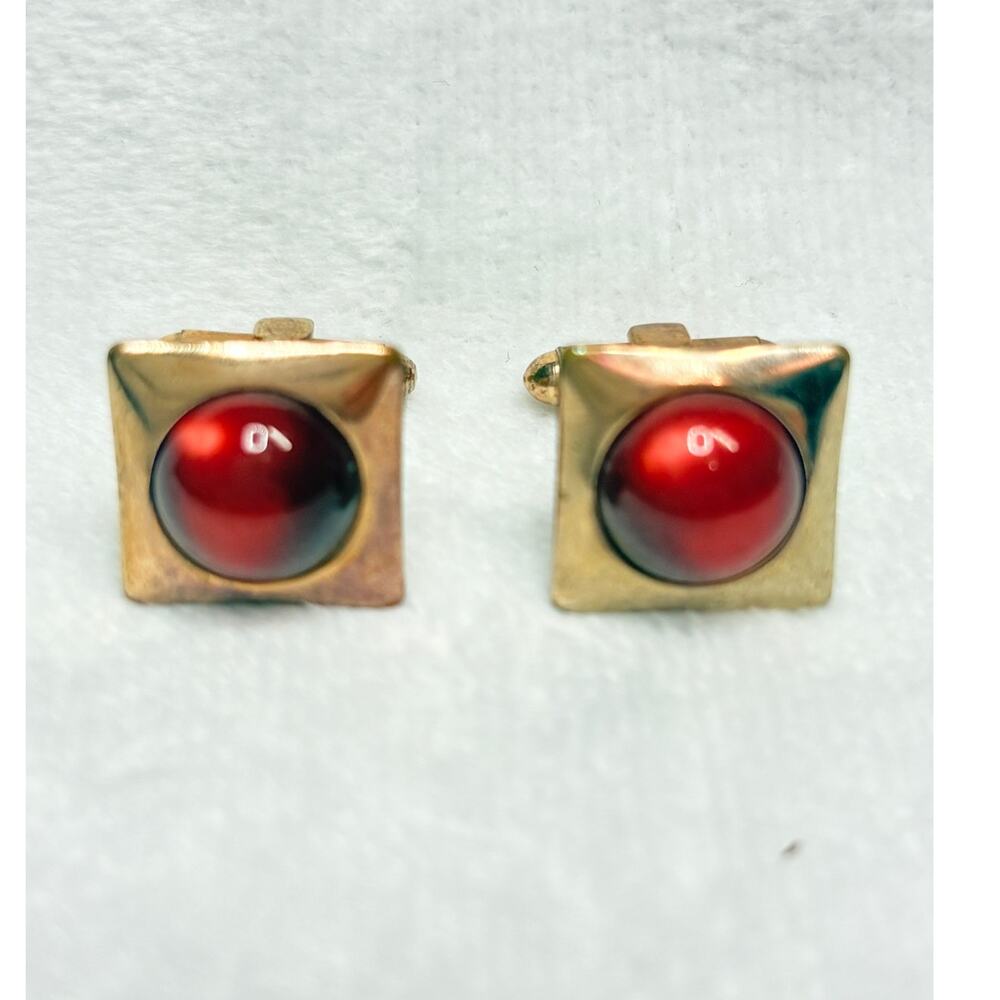 Vintage Pioneer Gold‑Tone Cufflinks with Ruby Thermoset Domes, 1960s–70s